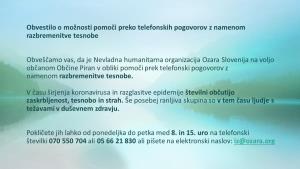 Obvestilo o možnosti pomoči preko telefonskih pogovorov z namenom razbremenitve tesnobe